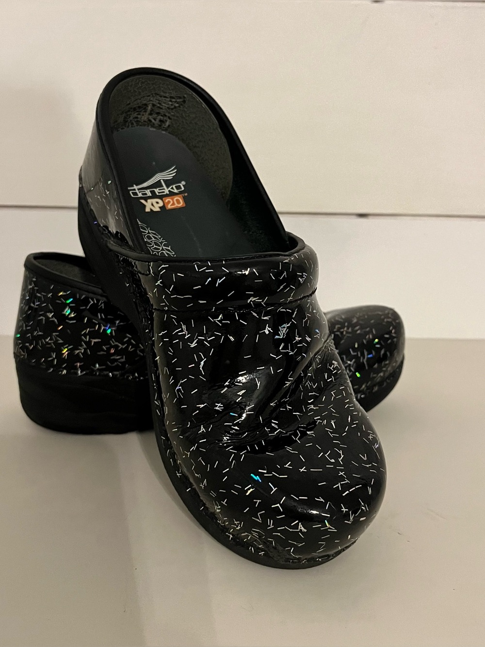 Dansko XP 2.0 Black Patent Holographic Confetti Clogs Size 37
